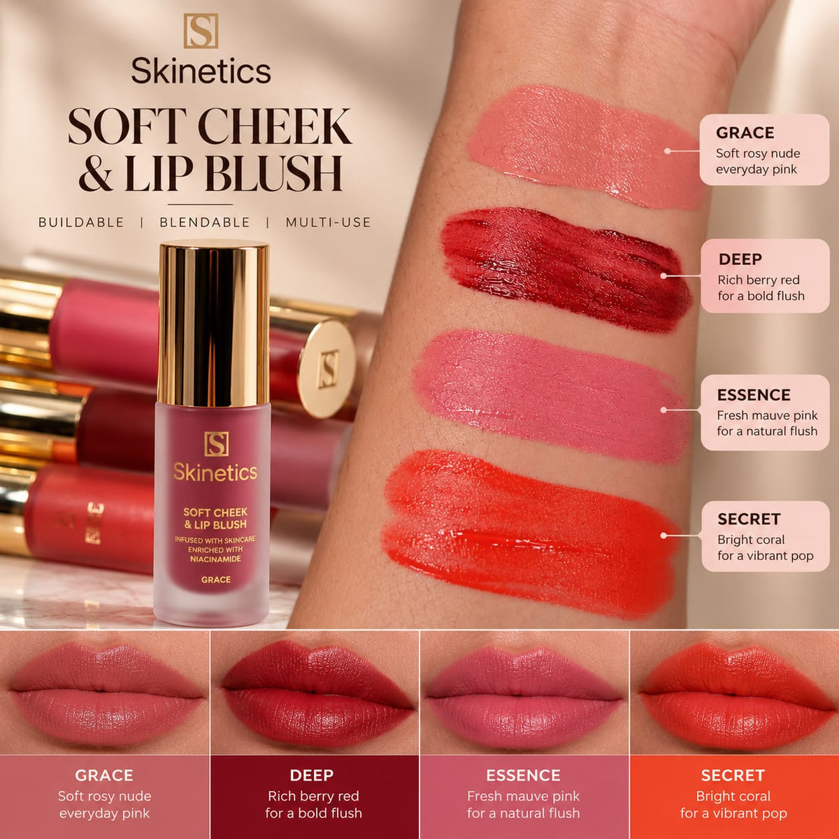 Skinetics Soft Cheek & Lip Blush — Complete 4‑Shade Bundle